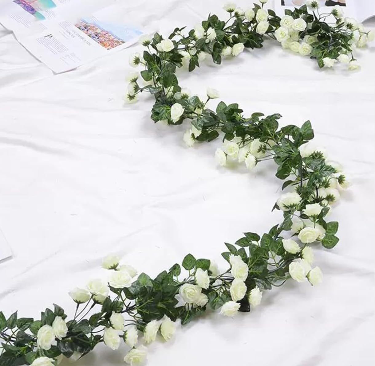 Pcs Artificial Flower Vine Garlands Hanging Artificial Flowers for Decoration Small Peony Roses Garland (6 ft Long) Flowers Silk Peony Roses for Diwali/Ganpati/Christmas. (White)