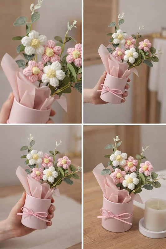 Artificial Flower Bouquet/Artificial Flowers Bunch/Flowers Bouquet/Crochet Flowers/Flowers Bouquet for Girls Home Decor (Pink Bouquet)