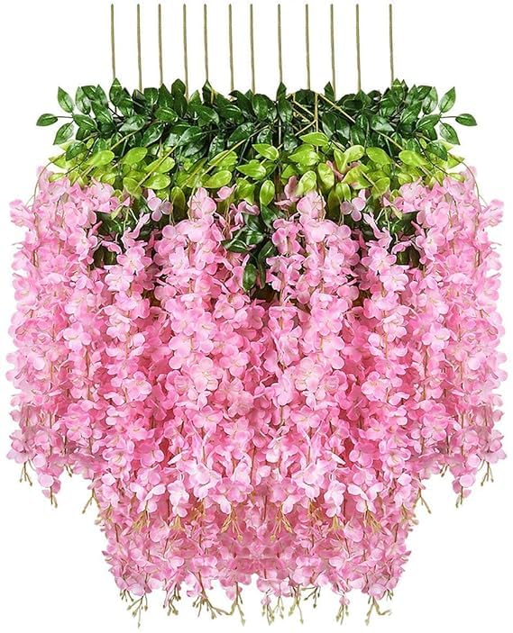 Wisteria Vine Hanging Garland Silk Flowers String Home Party Wedding Decor (Baby Pink) Pack of 6