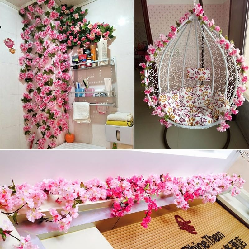 2 Lines Artificial Cherry Blossom Rattan Flowers Vine | Hanging Garland for Ganpati Decoration,Home Decor, Garden, Office, Wall, Mandir & Festival Setup (Dark Pink)