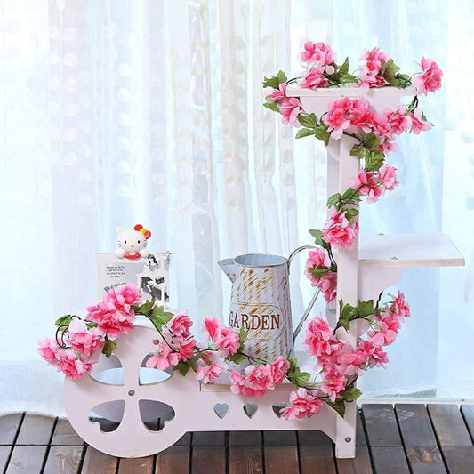 2 Lines Artificial Cherry Blossom Rattan Flowers Vine | Hanging Garland for Ganpati Decoration,Home Decor, Garden, Office, Wall, Mandir & Festival Setup (Dark Pink)