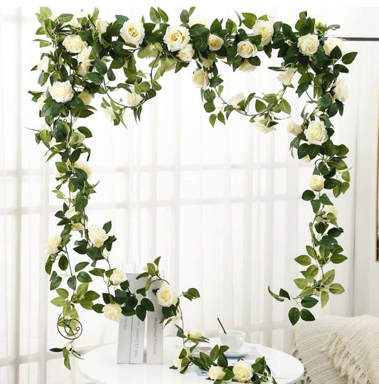 Pcs Artificial Flower Vine Garlands Hanging Artificial Flowers for Decoration Small Peony Roses Garland (6 ft Long) Flowers Silk Peony Roses for Diwali/Ganpati/Christmas. (White)