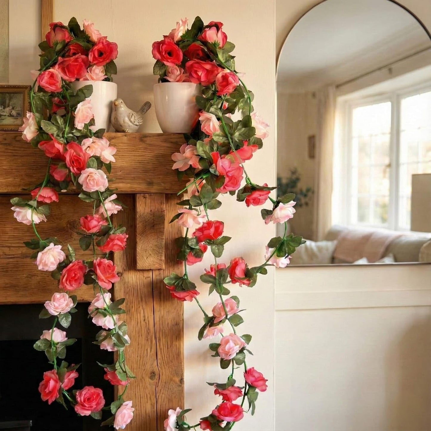 Artificial Hanging Garland with Pot – 60cm Rose Vine, 10cm Decorative Pot for Table, Shelf & Wall Decor (2)
