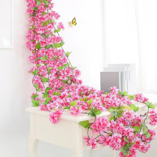 2 Lines Artificial Cherry Blossom Rattan Flowers Vine | Hanging Garland for Ganpati Decoration,Home Decor, Garden, Office, Wall, Mandir & Festival Setup (Dark Pink)