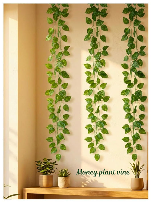 Greens Artificial Money Plant Vine | Realistic Money Plant Creeper for Wall Hanging, Door, Balcony & Home Office Decor | Artificial Green Hanging Vines for Decoration & Festival - Set of 3