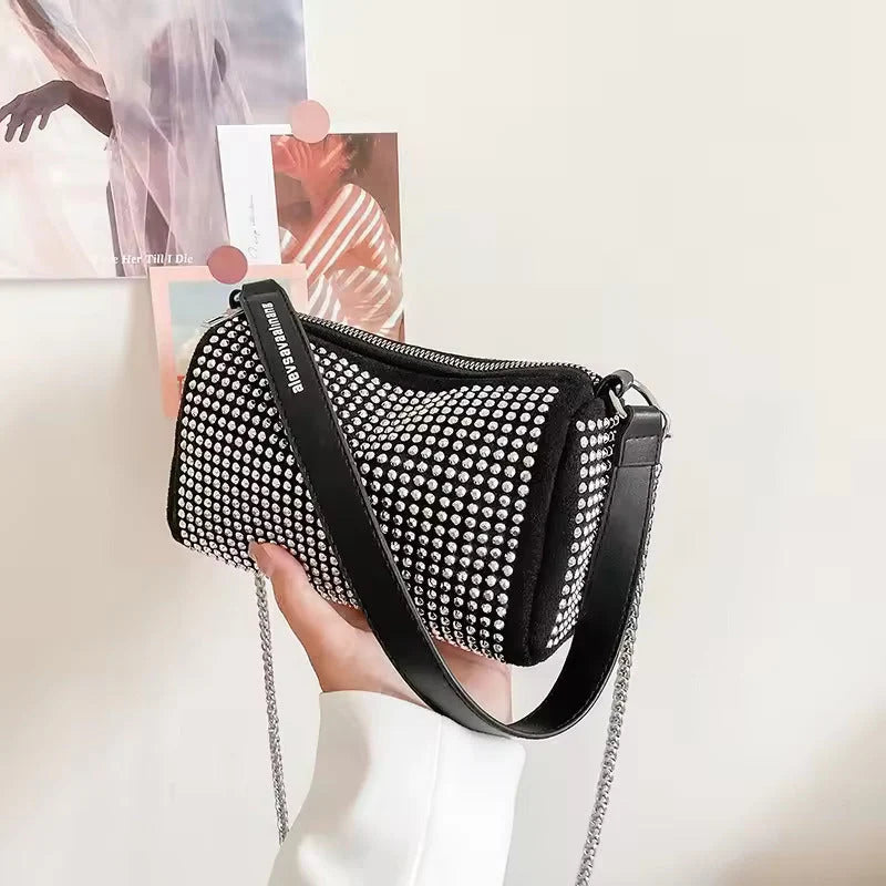 Women’s Rhinestone PU Shoulder Bag – Compact Square Design with Chain Detail